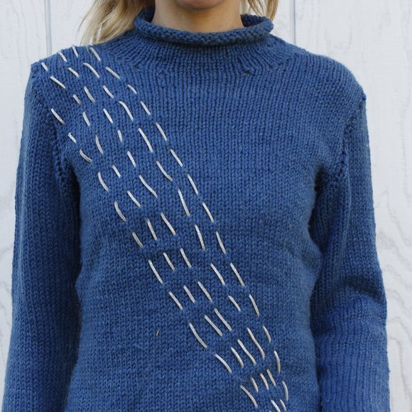 Vintage Mock Turtleneck Wool Sweater with Iridescent Leather Accent - Picture 4 of 12